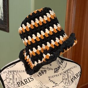 Free People Black, Orange, and Cream Crochet Hat
